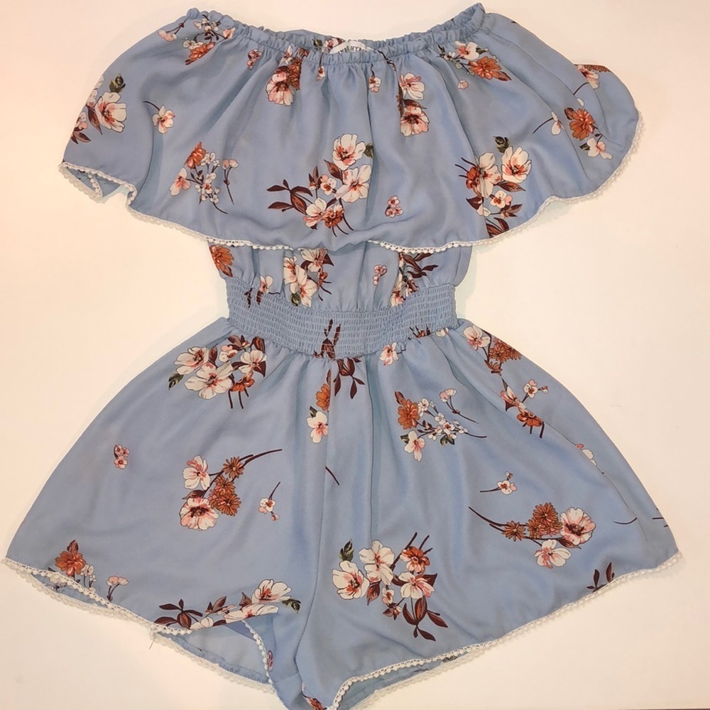 Light Blue Floral Print Off the Shoulder Cinch Waist Romper Size S - Picture 1 of 5
